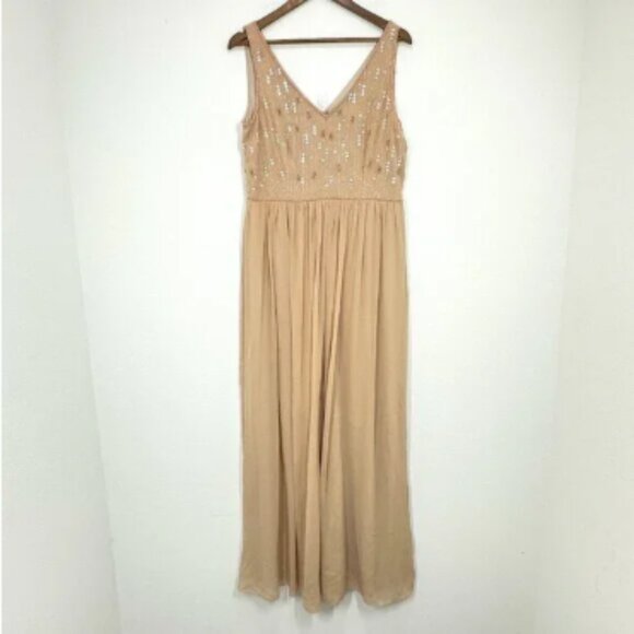 Adrianna Papell Size 14 Dress Peach Beaded Flowy Formal Bridesmaid Wedding Guest - Picture 1 of 7